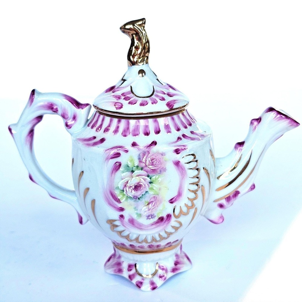 Cracker Barrel Porcelain Miniature Teapot Floral Rose Purple Gold Trim Decor